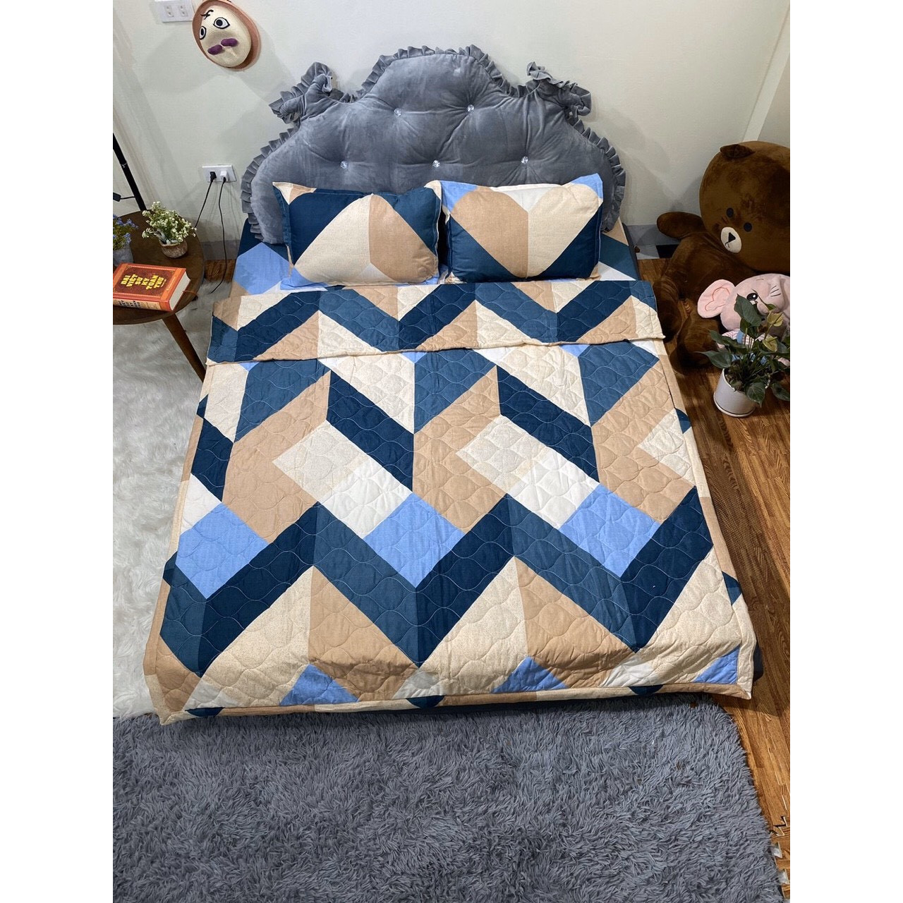 BỘ DRAP & CHĂN HÈ CHẦN BÔNG 5 MÓN ZD - ZICZAC VÀNG - XANH