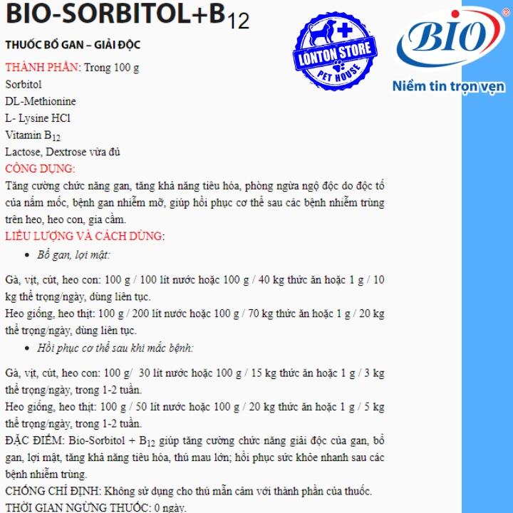 Bio Sorbitol B12, giải độc gan, lợi mật, tăng cường sức đề kháng dùng cho vật nuôi, gia súc gia cầm, gói 100gr