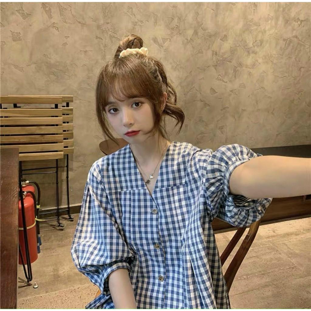 Sét Áo Peplum Caro Xanh Và Quần Short Trắng Áo Kẻ Caro Tay Lỡ Bồng Cổ Chữ V LANI SHOP