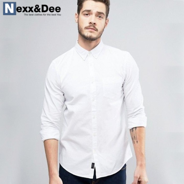 Áo sơ mi nam tay dài trắng công sở đi tiệc vải oxford denim có túi cao cấp SM02