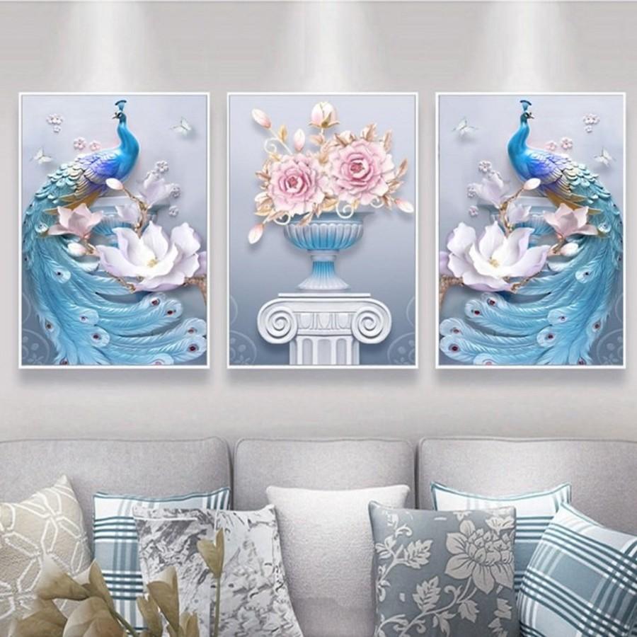 Bộ 3 Tranh canvas giá xưởng - Tranh Treo Tường 3D Chim Công - Tranh treo tường canvas tặng kèm đinh đa năng