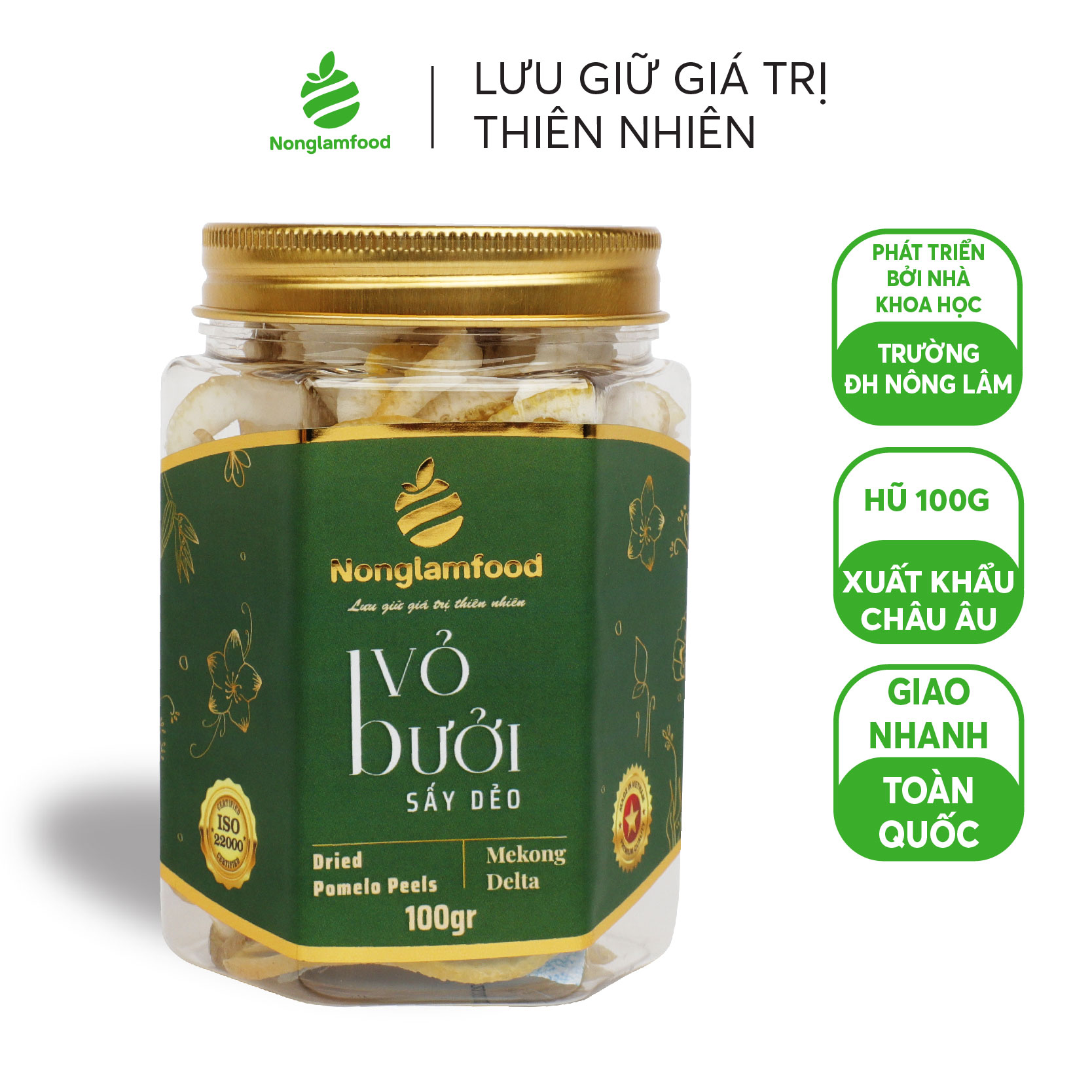 [HẠT MỨT TẾT 2024] Vỏ bưởi năm roi sấy dẻo Nonglamfood hũ 100g - Premium Soft Dried Pomelo Peel