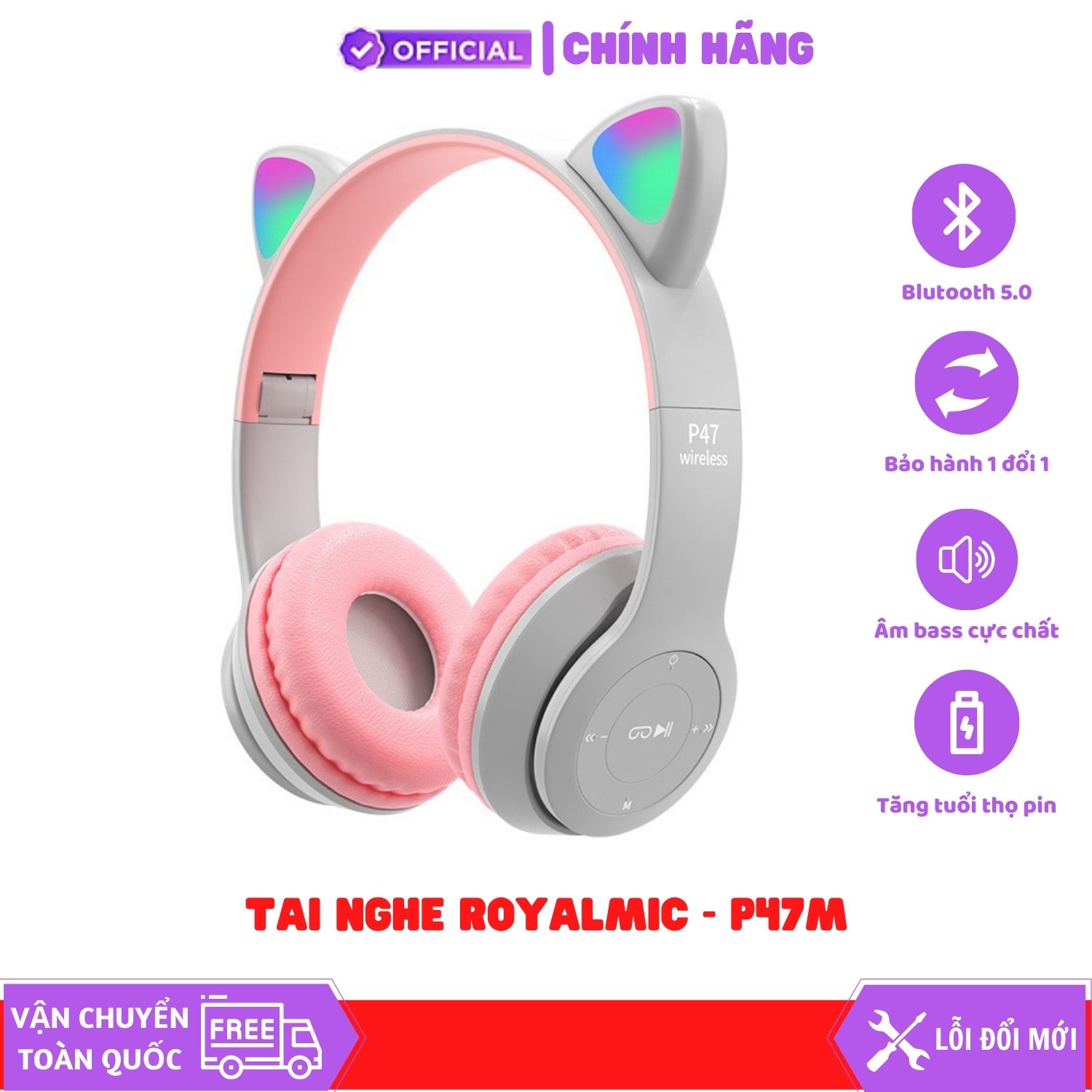 Tai Nghe Mèo Bluetooth ROYALMIC P47M Chụp Tai, Tai Mèo Dễ Thương Có Mic, Âm Bass Mạnh Mẽ - Hàng Chính Hãng