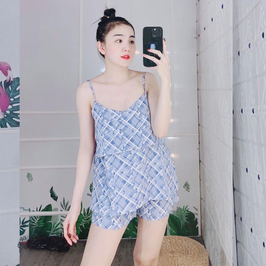 Đồ bộ pijama nữ 2 dây tay bèo pyjama lụa 100D bộ ngủ mặc nhà sexy quần đùi cute dễ thương cao cấp ESHOP PM04