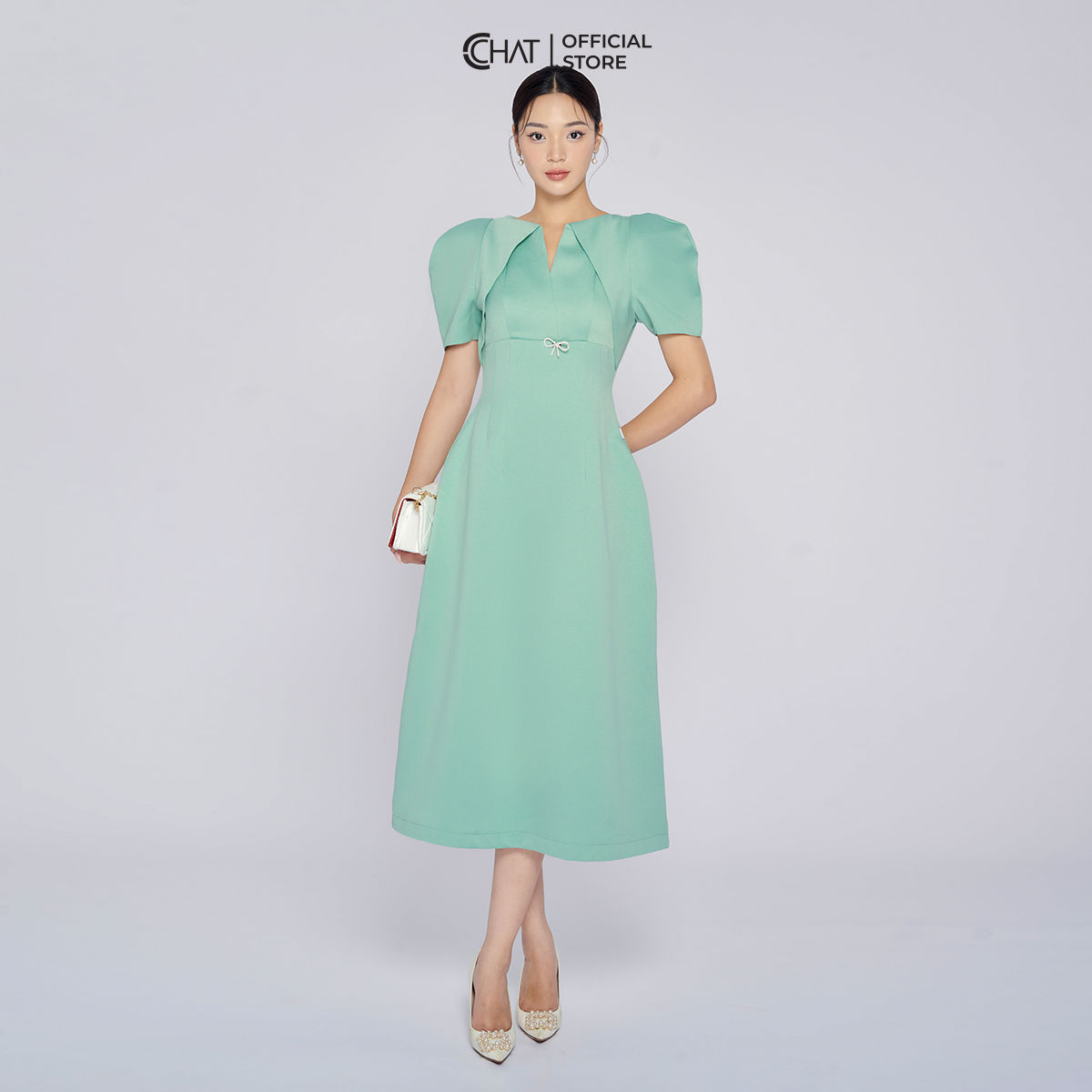 Đầm Nữ Dáng A Cổ Lật Tay Bồng Chất Tuytsi Cao Cấp Thanh Lịch 13VNS2010AT