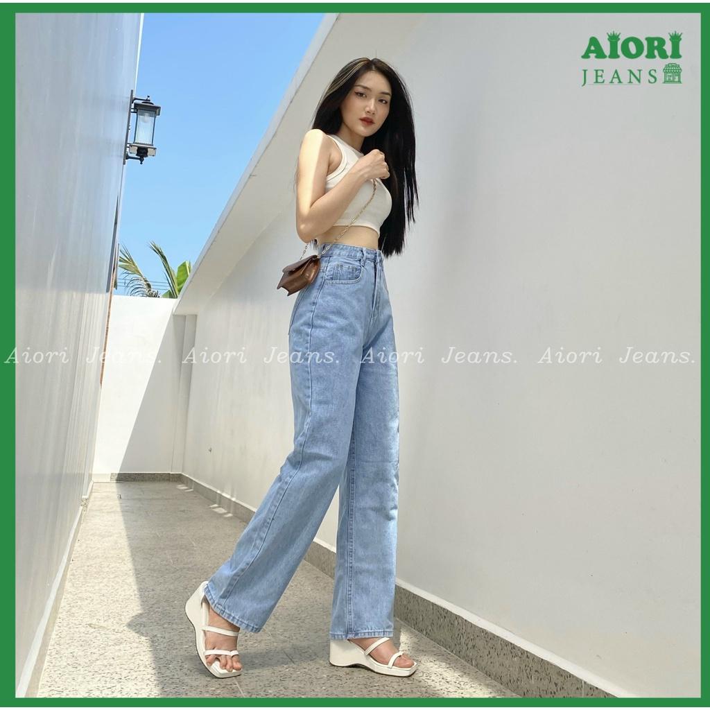 Quần Jeans Nữ, Quần Bò Nữ Aiori Ống Rộng Cạp Cao Trơn Kiểu Bò Suông Phong Cách Thời Trang Hàn Quốc Ulzzang_Mã A003