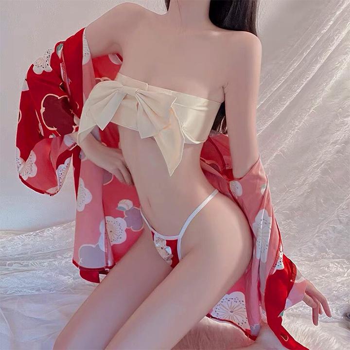 Váy ngủ cosplay kimono hoa đỏ với form ngắn sexy phong cách Nhật Bản quyến rũ BT0013