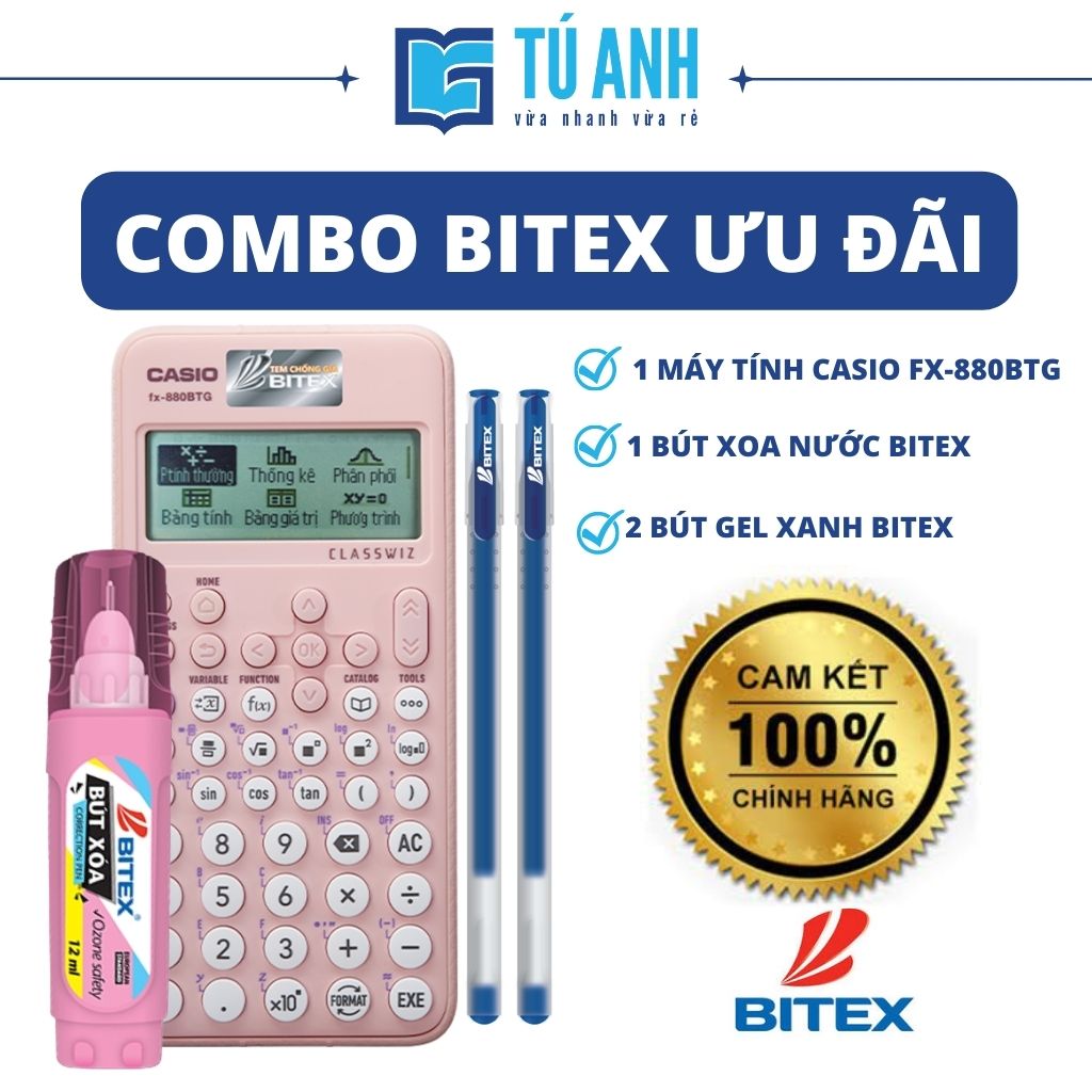 [ Combo Bitex Ưu Đãi ] - Máy Tính Casio FX-880 BTG [1] + Bút Gel Xanh Bitex G04 [2] + Bút Xoá Nước Bitex [2]