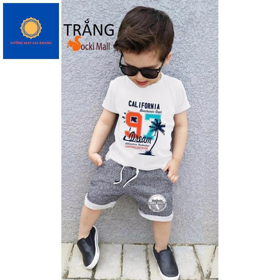 Đồ bộ quần áo thể thao bé trai, bé gái ngắn tay, in hình bãi biển, thoải mái vận động. Gia Khang