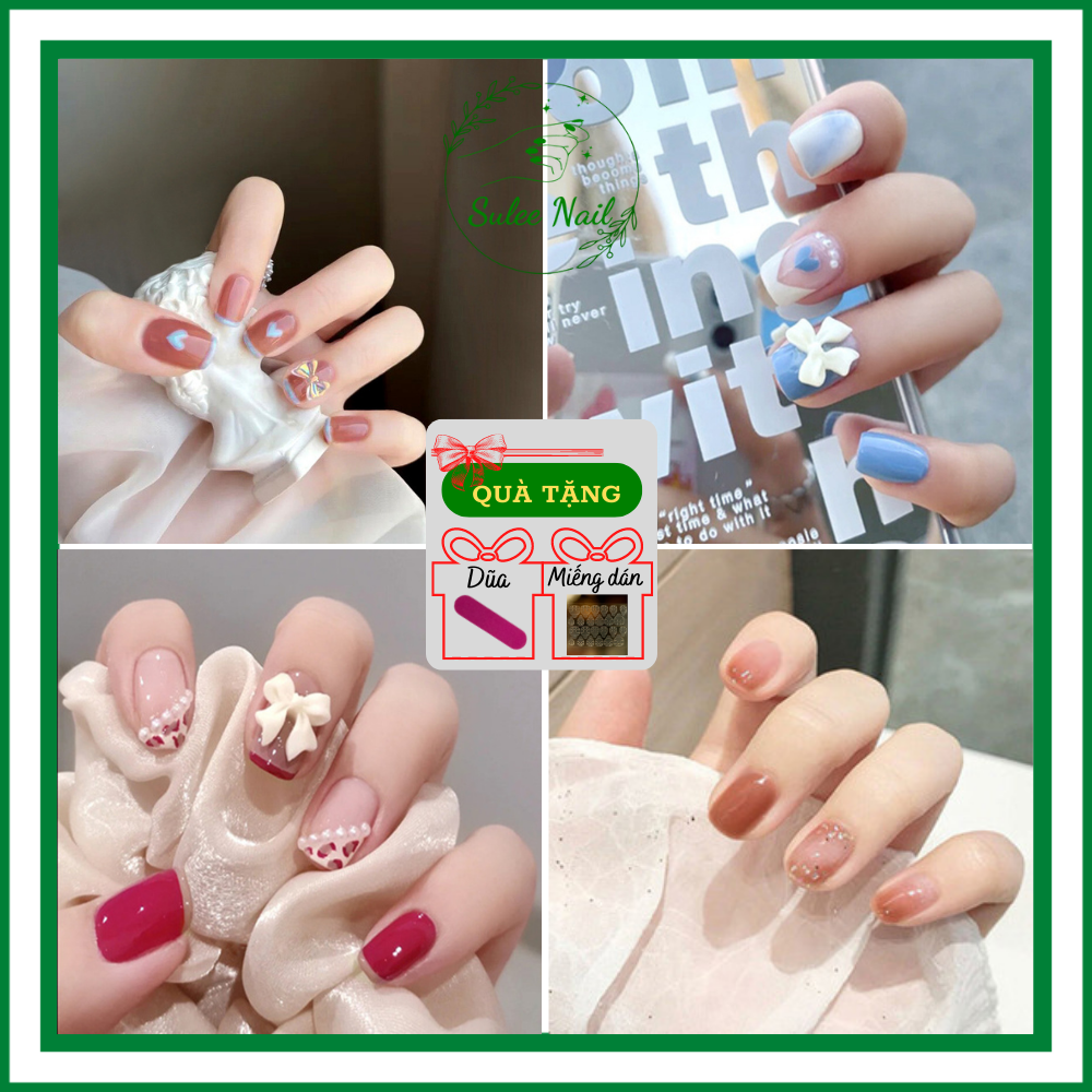 Bộ Nail giả kèm dũa, nailbox, mẫu phụ kiện charm đẹp đính nơ siêu cute móng tay Suleenail kiểu vuông