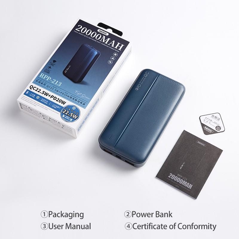 Pin sạc dự phòng Remax RPP-213 20000mAh 2 Inputs, 3 Outputs, TypeC PD 20W, USB 22.5W (Xanh) - Hàng Chính Hãng