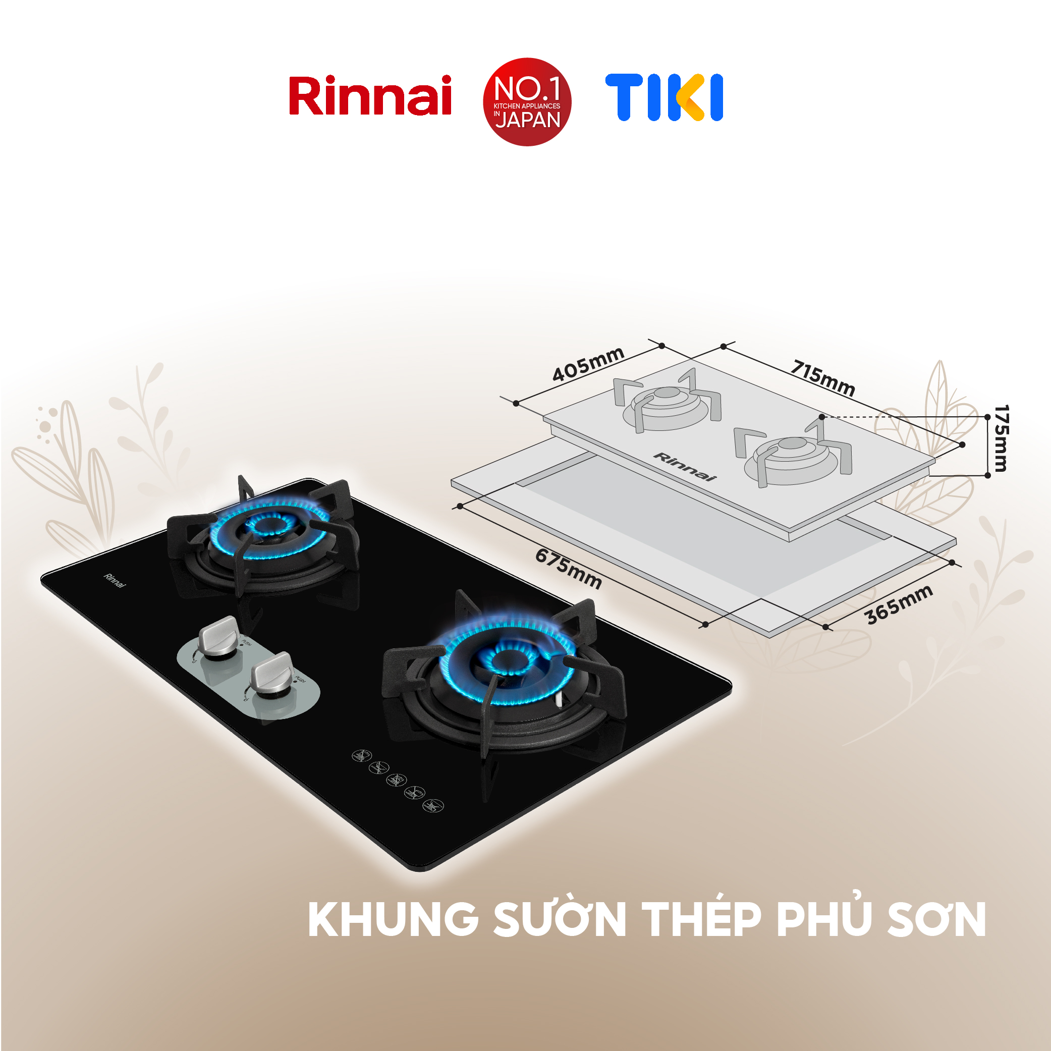 Bếp gas âm Rinnai RVB-220G(BG) mặt bếp kính và kiềng bếp gang - Hàng chính hãng.