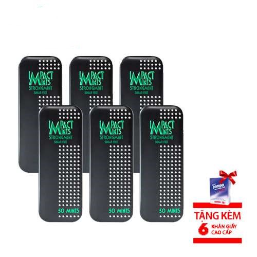 [combo 6 hộp] Kẹo bạc hà không đường Impact Mints Strongmint - hương bạc hà thơm nồng 9g (tặng kèm 6 gói Tempo)