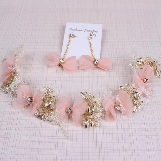 Cài tóc cô dâu mẫu mới - cài tóc cô dâu hoa voan kèm Trâm bộ 5 món