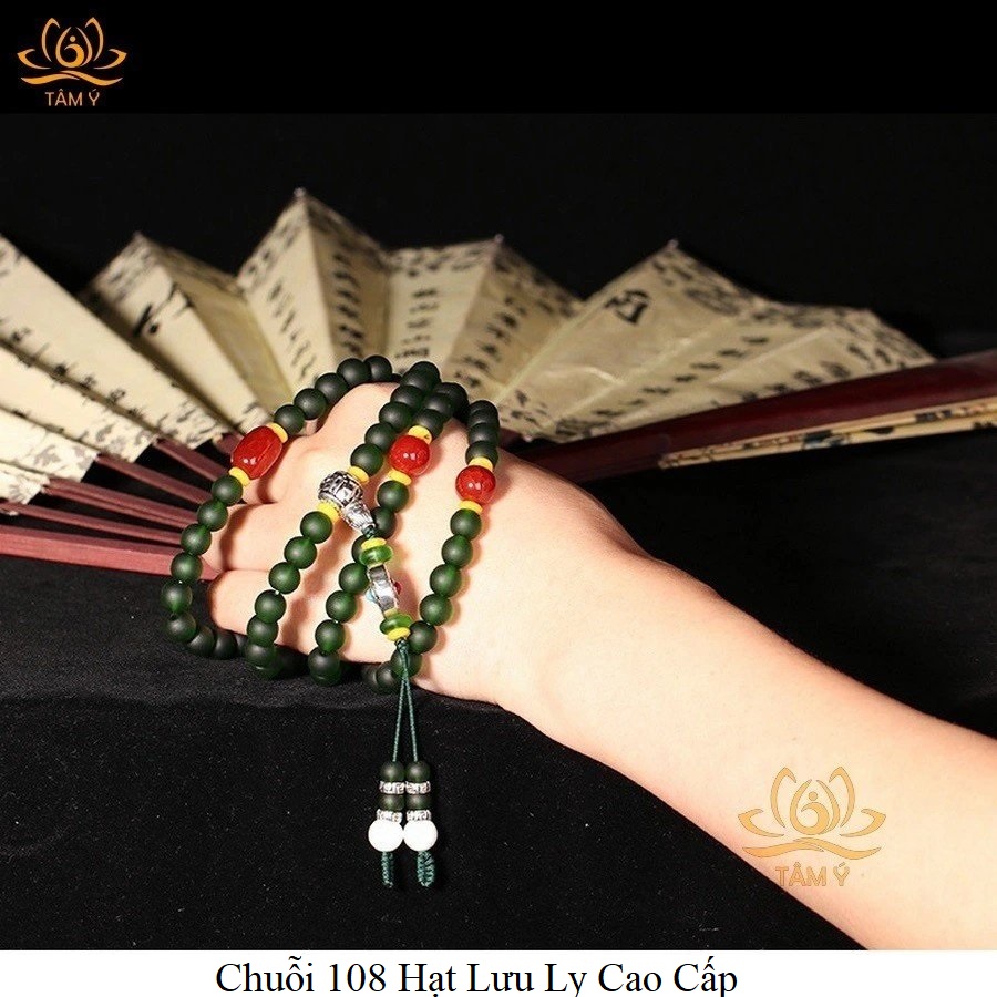 Chuỗi 108 Hạt Lưu Ly Cao Cấp Đặc Biệt Màu Xanh Lục , Xanh Tara Lục Độ Mẫu Pháp Bảo Kim Cang Thừa Mật Tông Tâm Ý