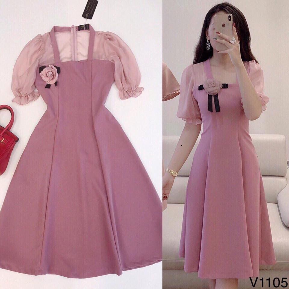 ĐẦM XÒE HỒNG KÈM HOA SIÊU XINH