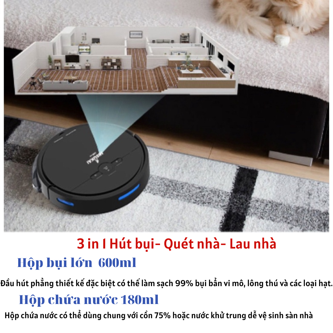 Robot hut bụi lau nhà D2, rô bốt hút bụi, Máy hút bụi gia đình Không Dây loại tốt Công suất cực mạnh pin khủng 4000mAH có hộp nước lau khô ướt, cảm biến chống rơi, chống va chạm