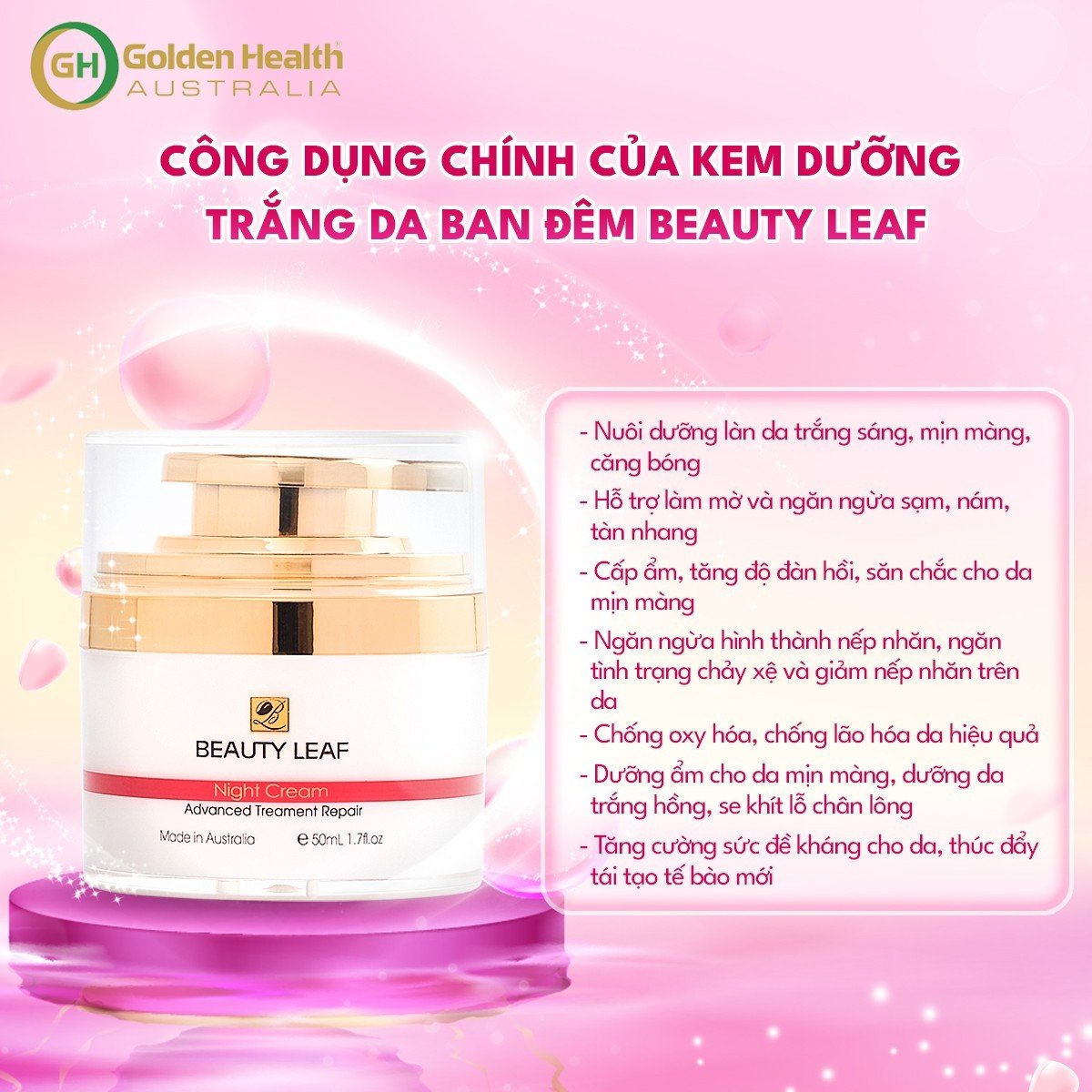 [GOLDEN HEALTH] Kem Dưỡng Trắng Da, Mờ Thâm, Nám, Tàn Nhang, Giúp Tái Tạo Da, Thúc Đẩy Quá Trình Tổng Hợp Collagen, Tăng Cường Phục Hồi Da Ban Đêm Beauty Leaf Whitening Complex 50ml