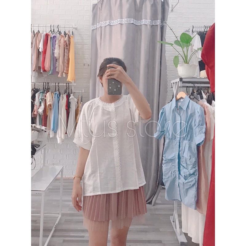 Áo sơ mi trắng cổ tròn viền ren