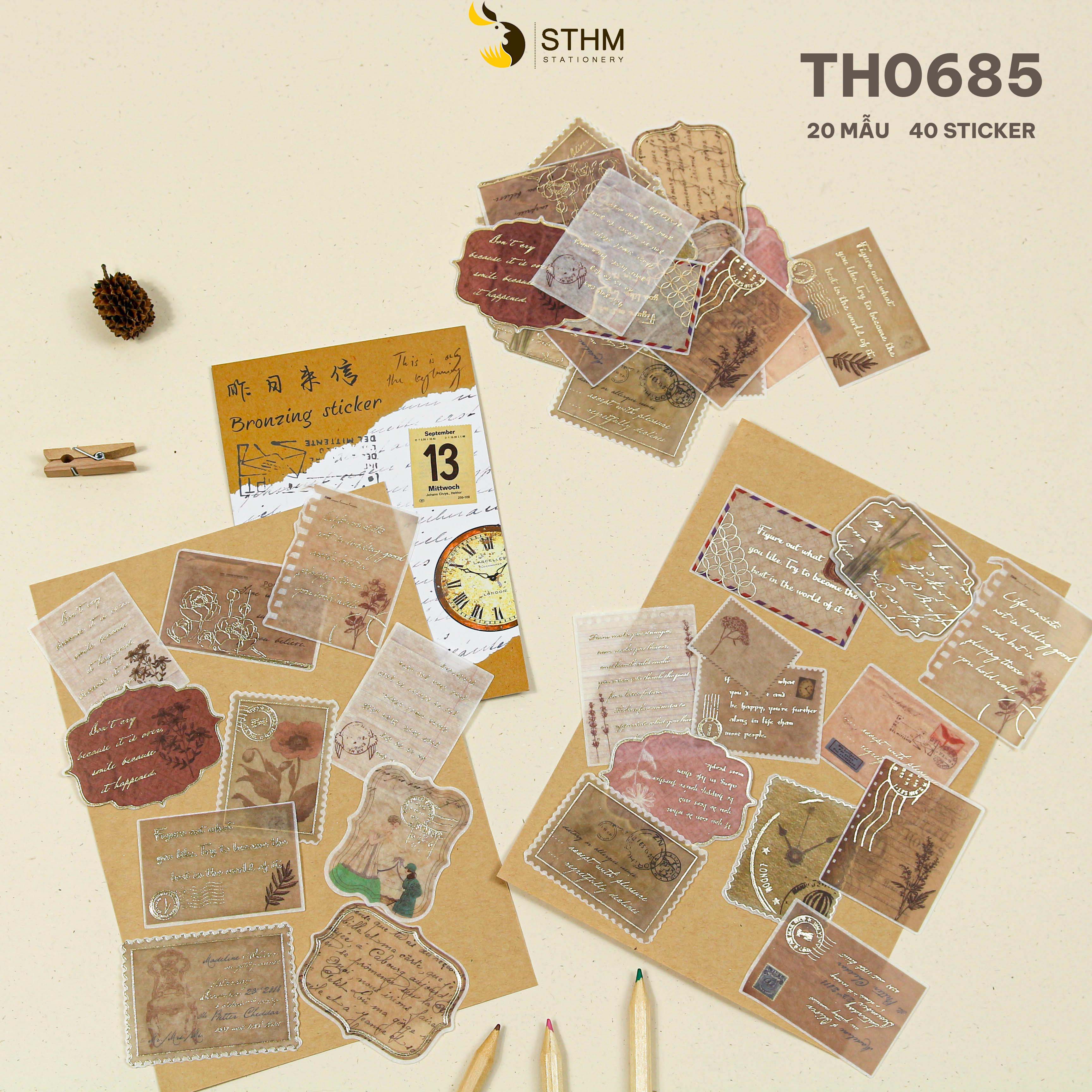 Sticker xấp 40 tờ - 20 mẫu có ánh kim - Phụ kiện trang trí sổ tay vintage - STHM stationery