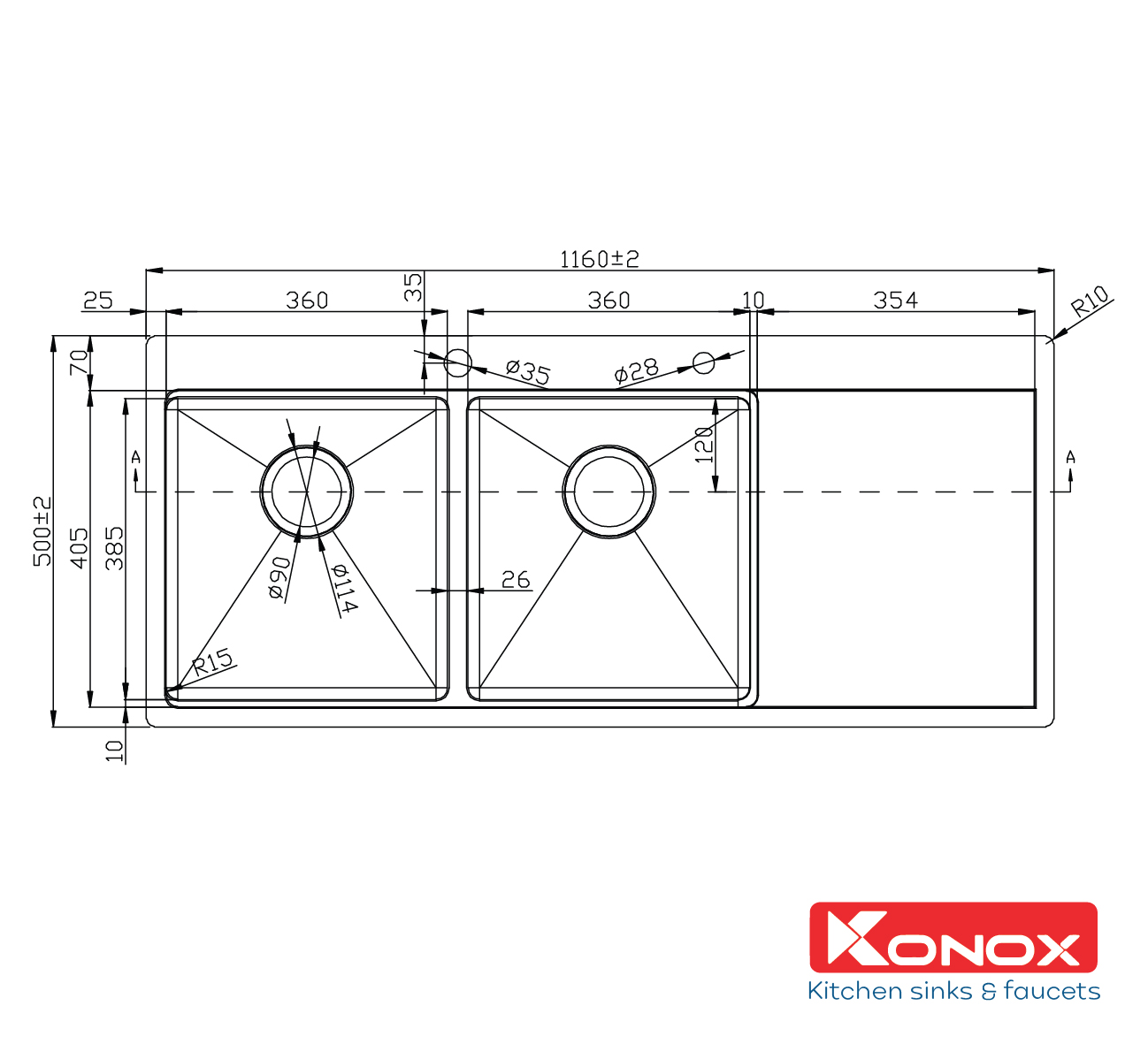 Chậu rửa bát inox Konox, Topmount Series, Model KN11650TD, Inox 304AISI tiêu chuẩn châu Âu, Hạ bậc tích hợp, 1160x500x220(mm),  Bảo hành chính hãng 10 năm, Hàng chính hãng