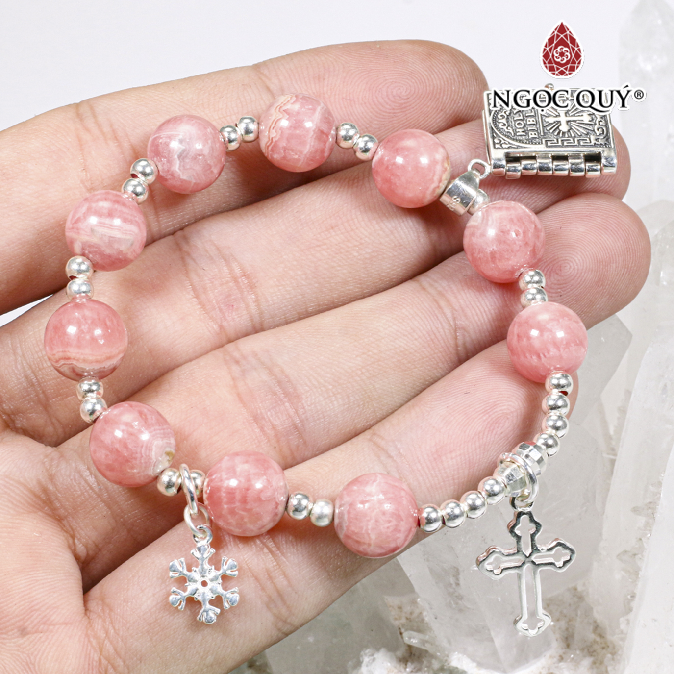 Vòng tay mân côi đá đào hoa rhodochrosite charm thánh giá bạc mệnh hỏa , thổ - Ngọc Quý Gemstones