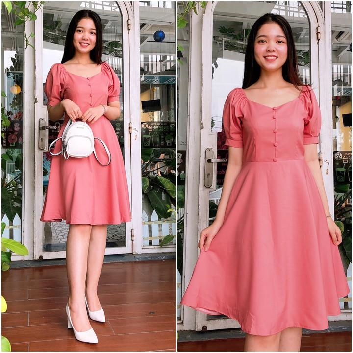 Đầm Xòe Phối Nút Cách Điệu Thời Trang