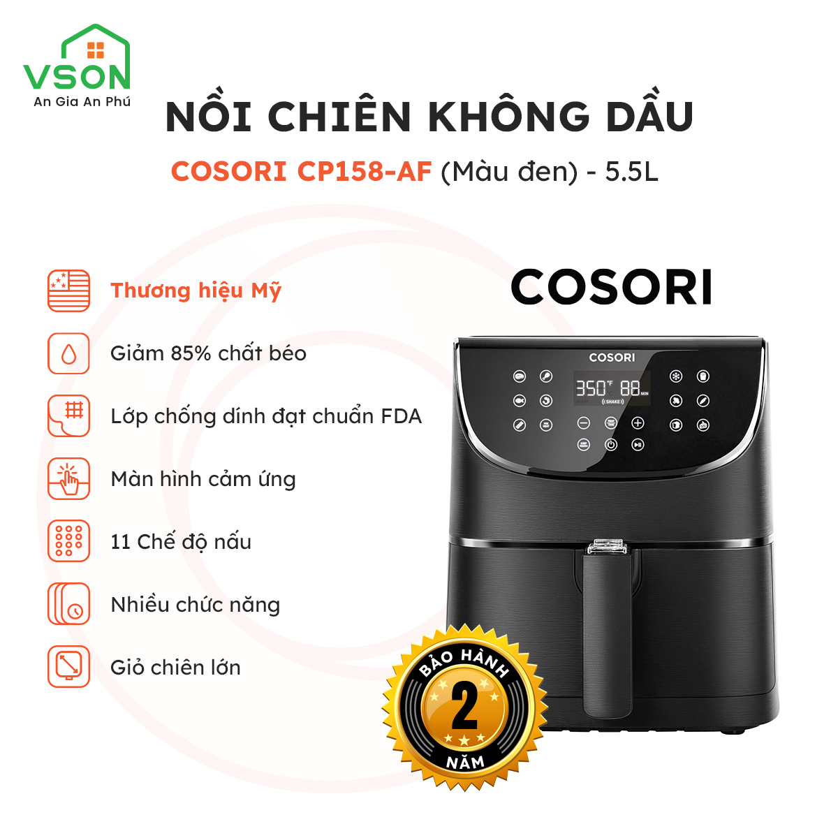 Nồi Chiên Không Dầu Thương Hiệu Mỹ COSORI CP158-AF 5.5L Màu Đen - Màn hình cảm ứng - Hàng Chính Hãng