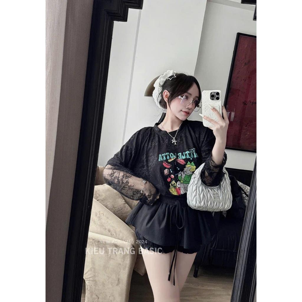 Set áo phông umi xốp pha lớp ren in hình cute phối quần chun giả váy 184 HH Bộ áo thun hoạ tiết mix quần đùi