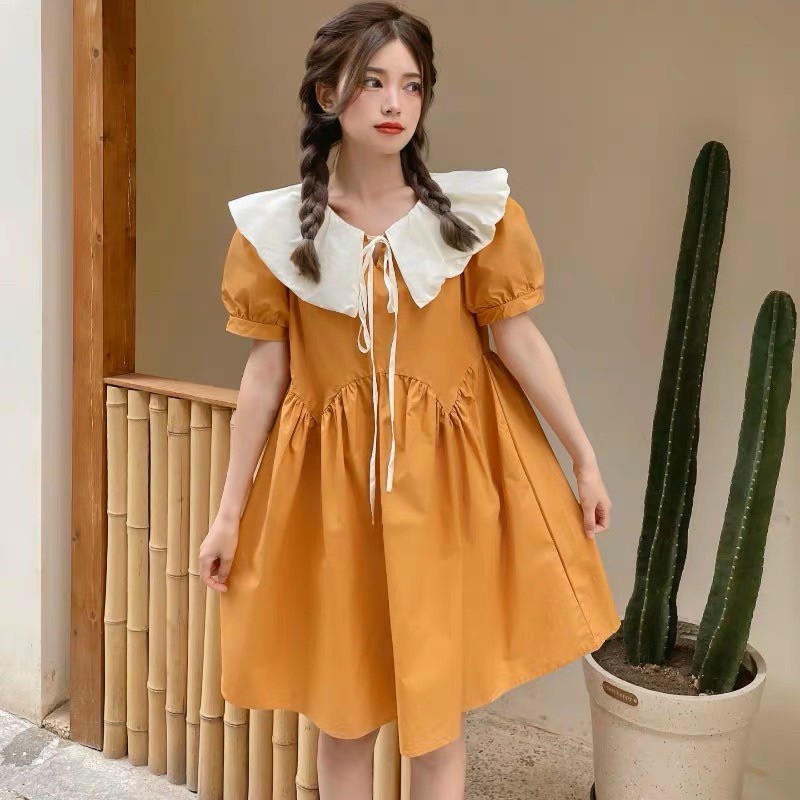 Váy babydoll phối cổ trắng, đầm bầu dáng dài, Đầm xòe ulzzang cổ bèo tiểu thư