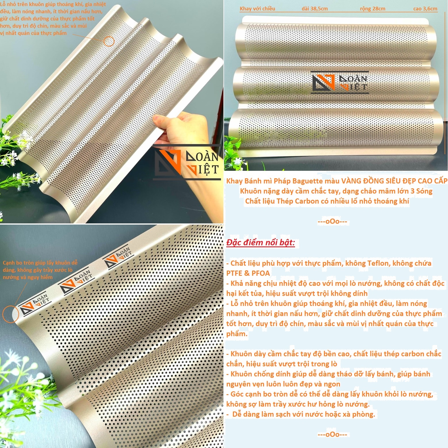 Khay Bánh MÌ màu VÀNG ĐỒNG SIÊU ĐẸP CAO CẤP. Khuôn Bánh mì Pháp Baguette Thép Carbon CHỐNG DÍNH, nặng dày cầm chắc tay, dạng chảo mâm lớn 3 Sóng. có nhiều lổ nhỏ thoáng khí. Dụng cụ làm bánh Mì nướng Không dính phù hợp lò nướng GIA ĐÌNH