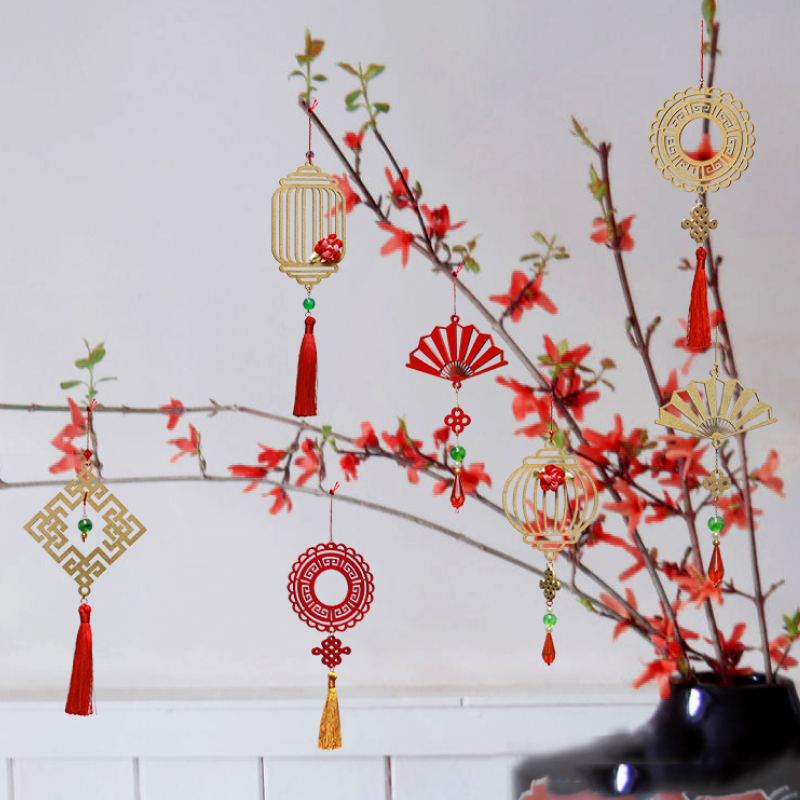 Phụ kiện handmade dây trang trí Tết, treo cây mai đào QUẠT CÁT TƯỜNG sắc đỏ son may mắn