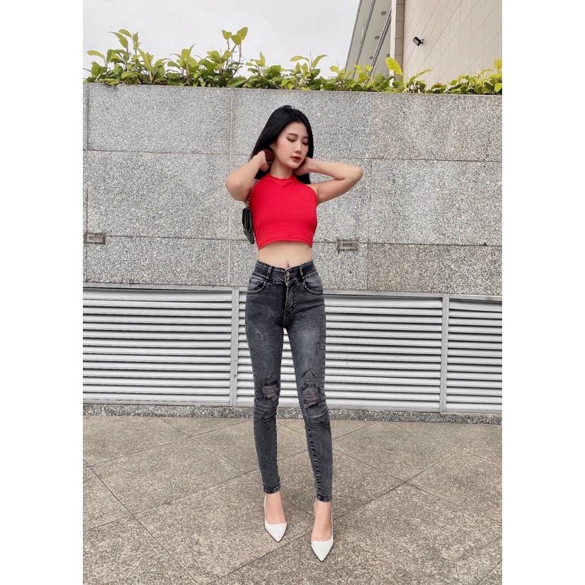 Quần Jean Nữ Màu XÁm Rách Lưng CAo 2 Nút CO Giãn