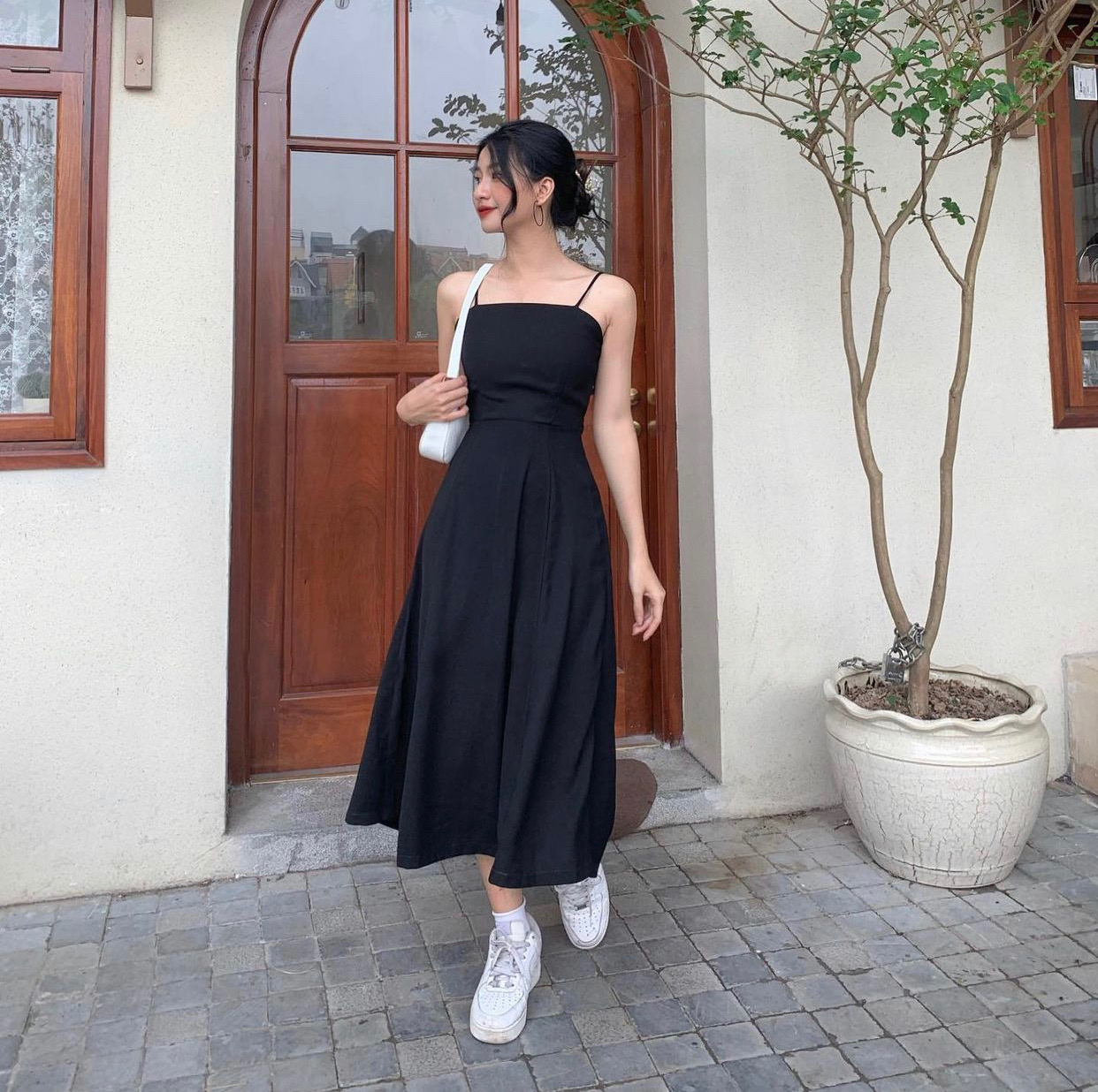 Váy maxi đen thun lưng