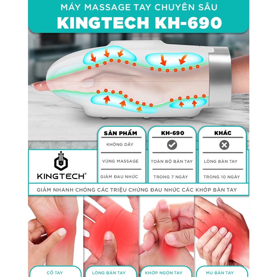 Máy Massage Tay Cao Cấp KingTech -  Mát xa Trị Liệu Không Dây Tích Hợp Nhiệt, Lực Nén Túi Khí 6 Cấp Độ - Giúp Thư Giãn, Giảm Mỏi Khớp Ngón, Lòng Bàn Tay, - Quà Tặng Cho Người Thân