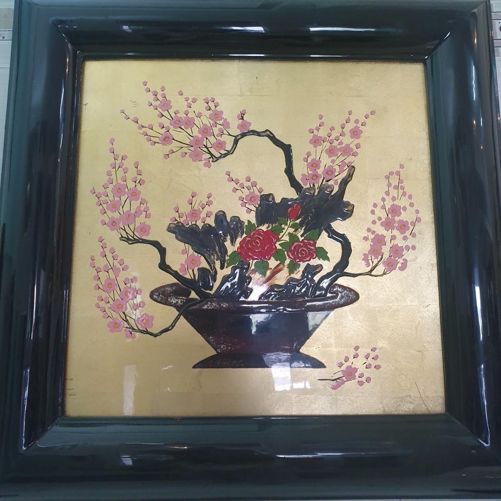 Tranh sơn mài 3D Thanh Bình Lê chậu hoa phong thủy 55x55 cm có khung sơn mài