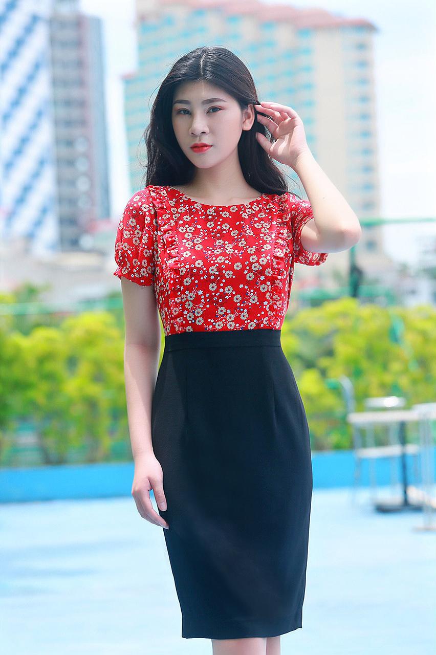 Đầm công sở phối hoa nữ cao cấp EV02