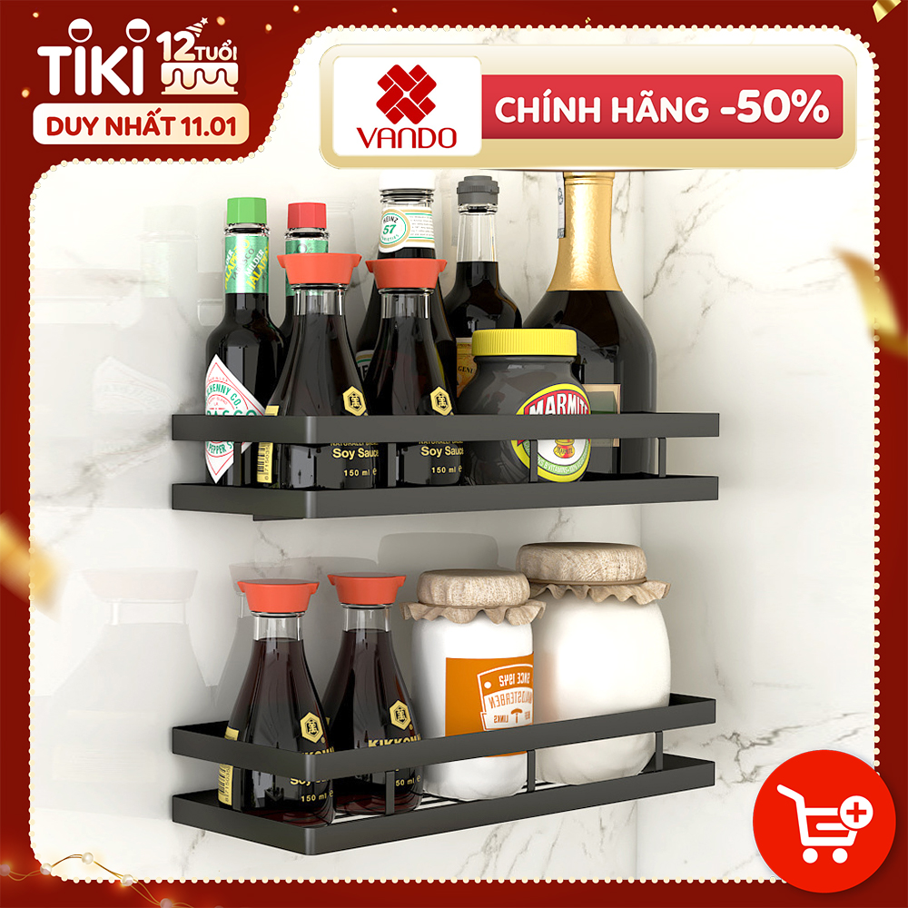 Kệ gia vị dán tường dài 30/40/50cm sơn đen tĩnh điện Vando chính hãng - kèm keo chuyên dụng kệ treo tường bằng thép carbon không gỉ, siêu chịu lực 30kg