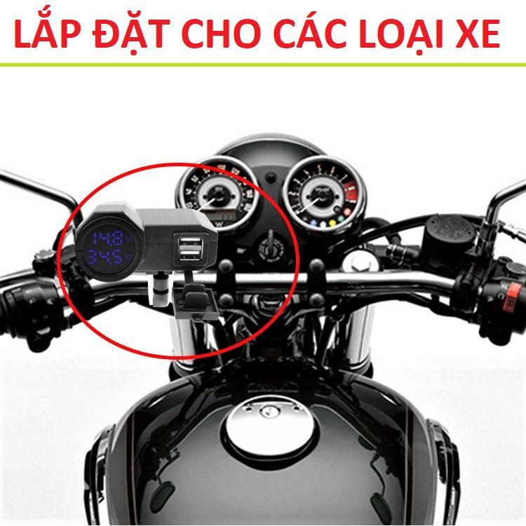 Sạc điện thoại trên xe máy kèm báo vôn nhiệt độ 3in1 gắn chân gương lắp các xe hàng chất lượng cao