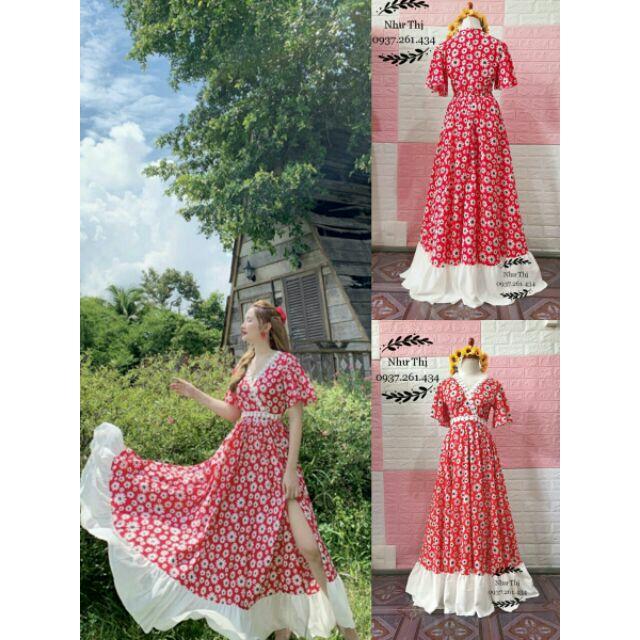 (miễn phí chỉnh váy) có size to đầm maxi hoa cúc họa mi tay loe váy xẻ tà tiểu thư du lịch chụp ảnh cực sang
