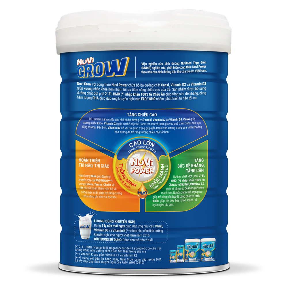 Sữa công thức Nuvi Grow 2+ lon 900g - Phát triển chiều cao, Dành cho trẻ trên 2 tuổi