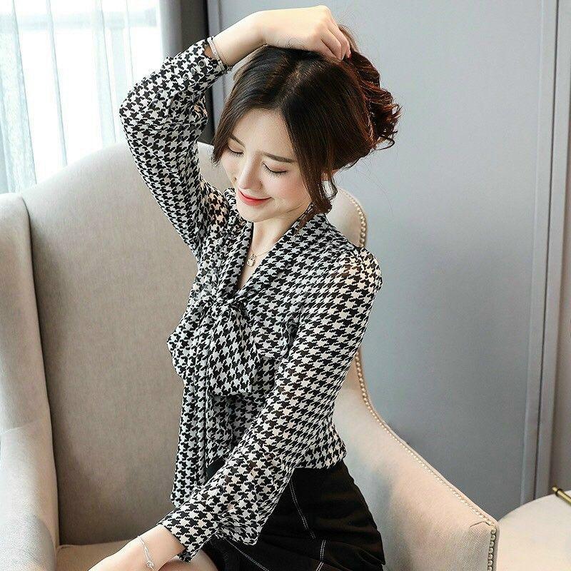 ÁO SƠ MI HỌA TIẾT CỔ PHỐI DÂY CỘT NƠ