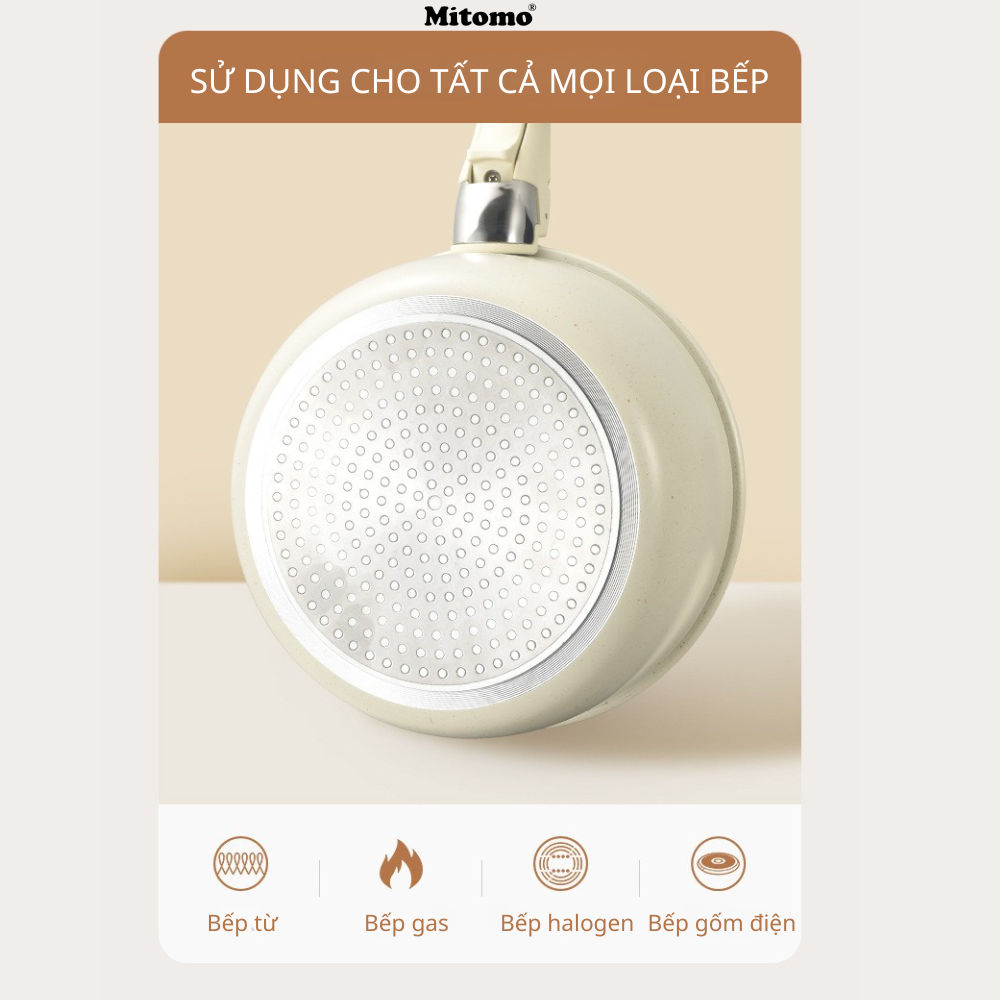 Bộ nồi chảo đá gốm Mitomo chống dính cao cấp 5 món có tay cầm tháo rời, dùng cho mọi loại bếp - Hàng chính hãng