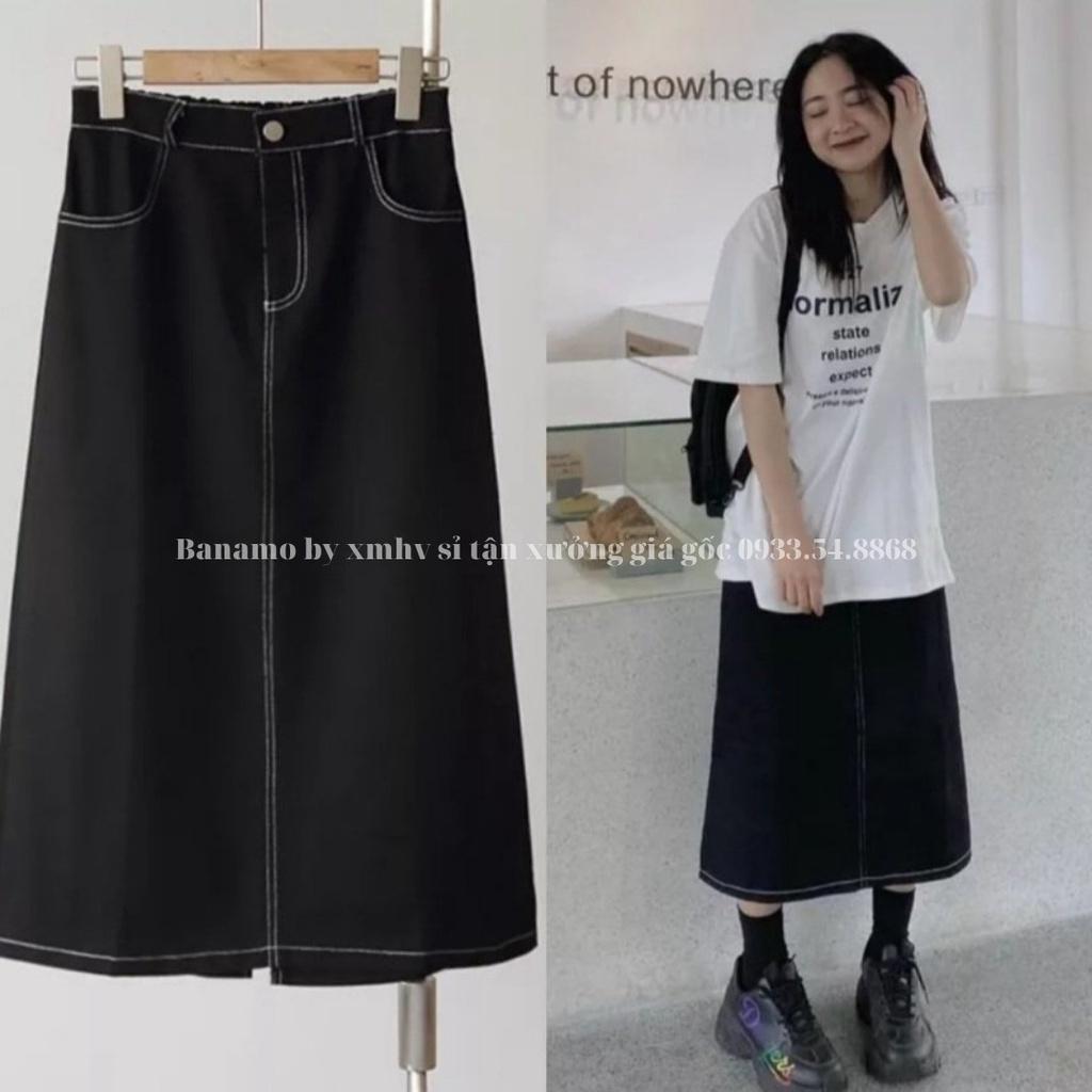 Chân váy midi viền chỉ nổi giả jean khuy trước chun sau xẻ tà cực xinh thời trang Banamo fashion váy chỉ nổi 5343