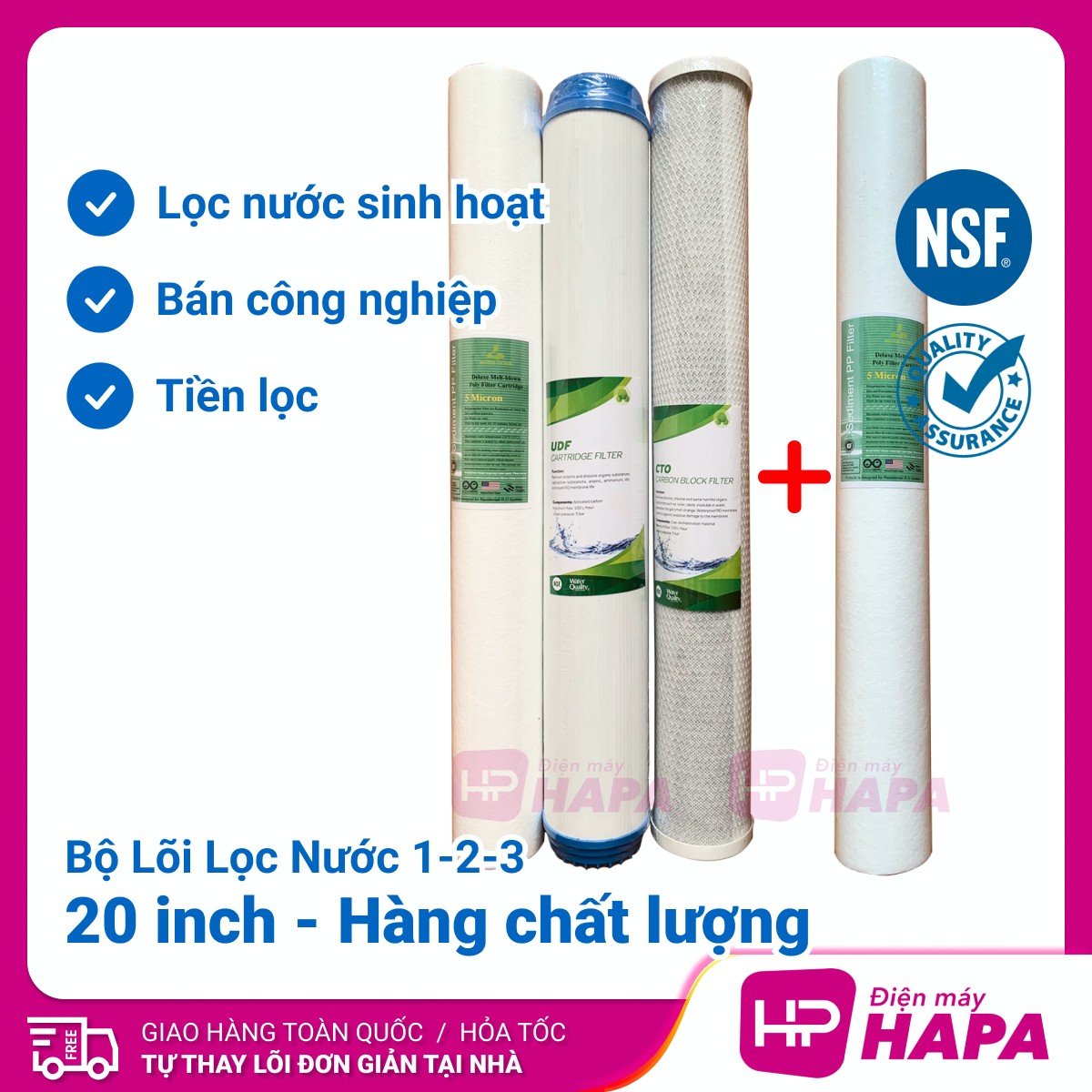 Bộ 3 Lõi Lọc Nước 20 inch Số 1 2 3 PP Sediment OCB GAC UDF CTO Chuyên Lọc Thô, Sinh Hoạt, Đầu Nguồn, Bán Công Nghiệp Dùng Được Máy Lọc Nước Karofi, Sunhouse, Kangaroo, Daikiosan, Prowatech, AquaYaki, Vithaco, Aqualife... - Có Bán Sỉ, Hàng Chất Lượng