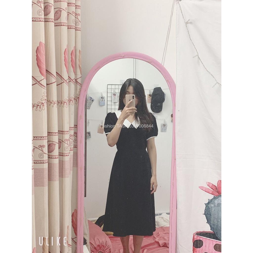 X2 Đầm dáng suông công sở cổ bẻ màu đen cổ trắng form dài thanh lịch (kèm hình thật)