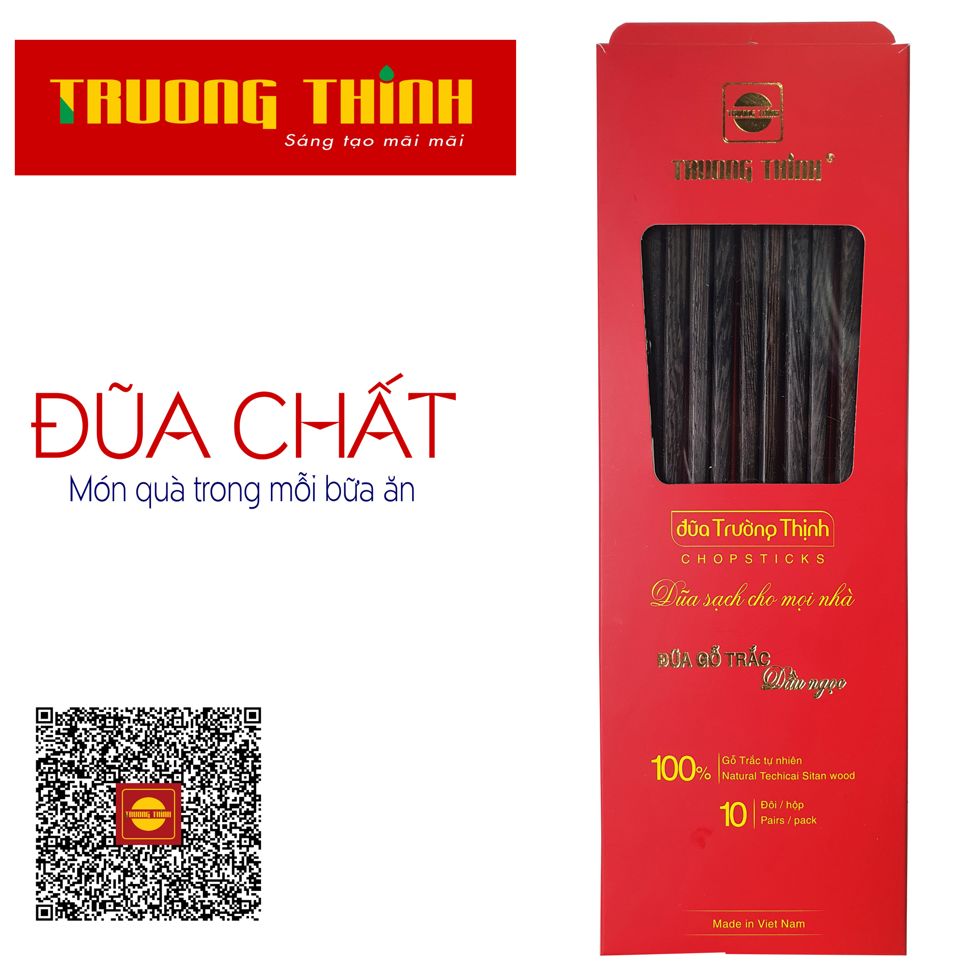 Đũa Gỗ Mun Hoa Đen Cao Cao Cấp Trường Thịnh Loại Đặc Biệt/ Hộp Màu Đỏ/ 10 Đôi Vuông Trơn