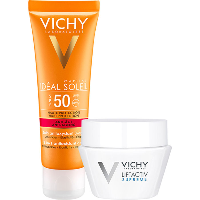 Bộ Kem Chống Nắng Bảo Vệ Và Giúp Giảm Các Dấu Hiệu Lão Hóa Vichy Ideal Soleil Anti-Age SPF50 50Ml Và Kem Dưỡng Ngăn Ngừa Lão Hóa Liftactiv 15Ml