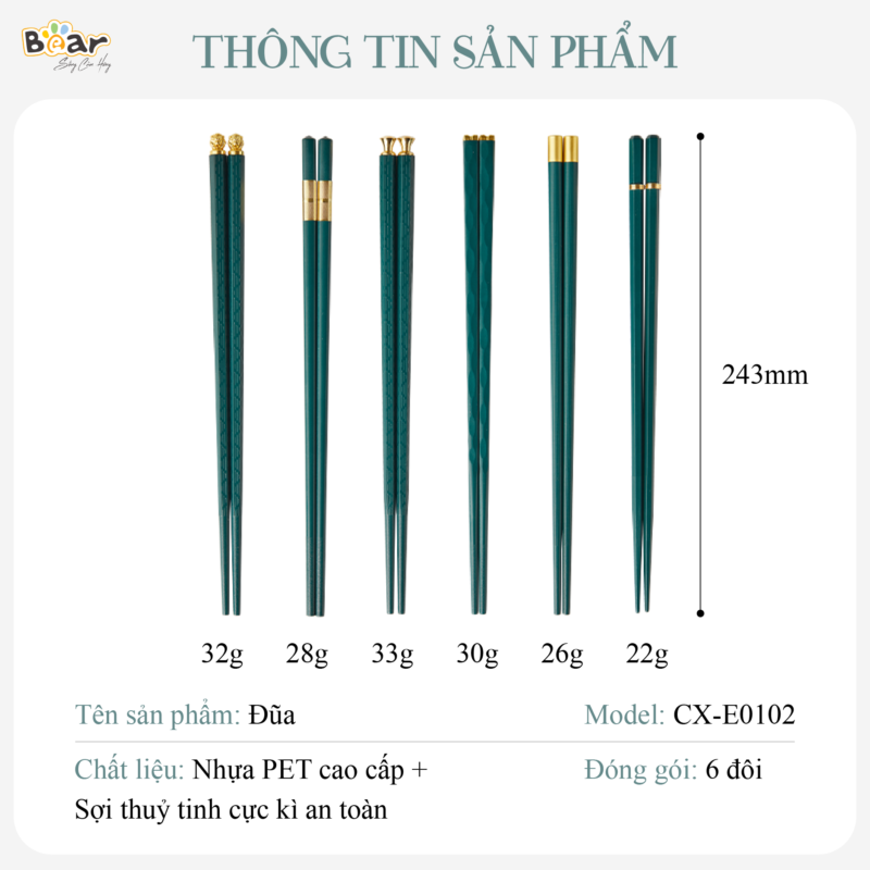 Bộ Đũa Ăn 6 Đôi Kháng Khuẩn Sợi Thủy Tinh Ion Bạc Cao Cấp BEAR CX-E0102, Thiết Kế 5 Đôi Khác Biệt - Hàng Chính Hãng