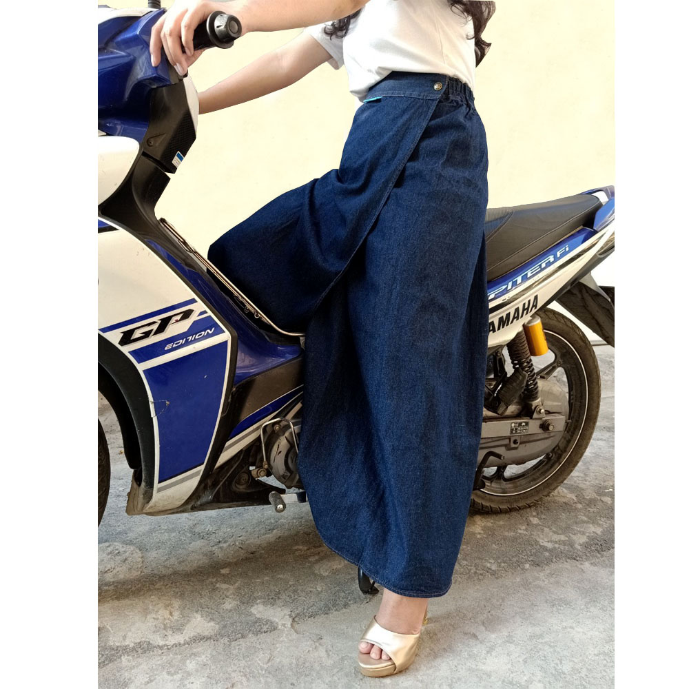 Quần Váy Chống Nắng Thông Minh Chất Liệu Jean Mềm Phù Hợp Với Xe Số, Khi Ngồi Sau Có Thêu Họa Tiết Hoa Thạch Thảo Xanh